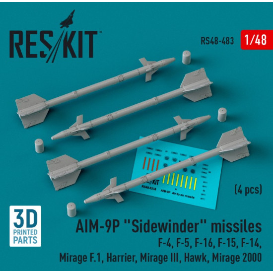 Reskit Rs48-0483 1/48 Aim 9p Sidewinder Missiles 4pcs F4 F5 F16 F15 F14 Mirage F.1 Harrier Mirage Iii Hawk Mirage 2000 3d Printed