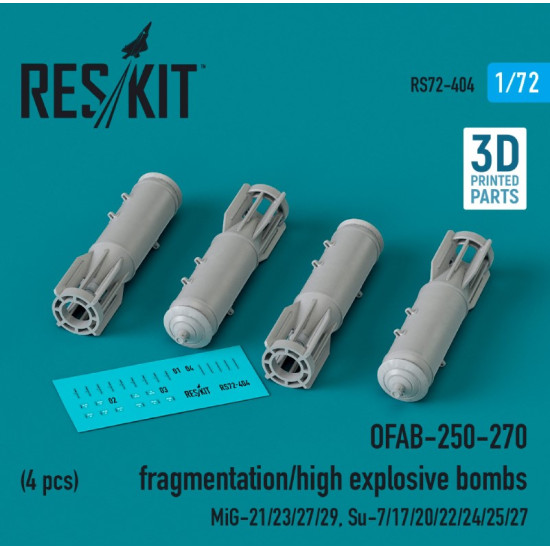 Reskit Rs72-0404 1/72 Ofab 250 270 Fragmentation/High Explosive Bombs 4 Pcs Mig21 23 27 29 Su7 17 20 22 24 25 27 3d Printed