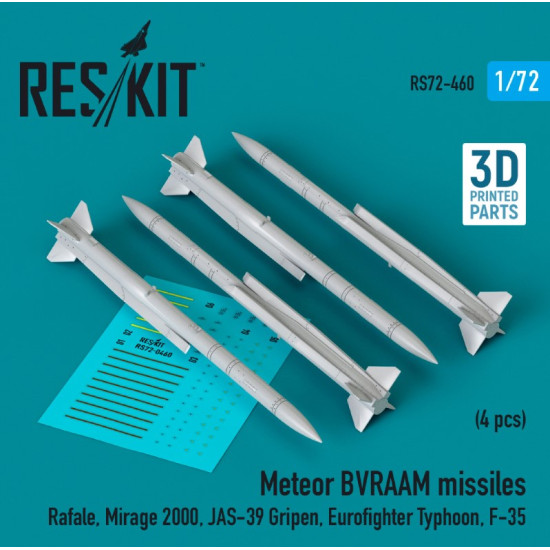 Reskit Rs72-0460 1/72 Meteor Bvraam Missiles 4pcs Rafale Mirage 2000 Jas39 Gripen Eurofighter Typhoon F35 3d Printed