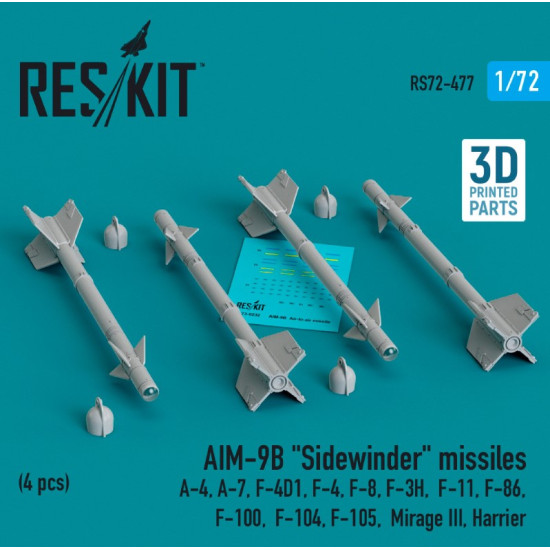 Reskit Rs72-0477 1/72 Aim 9b Sidewinder Missiles 4pcs A4 A7 F 4d1 F4 F8 F3h F11 F86 F100 F104 F105 Mirage Iii Harrier 3d Printed