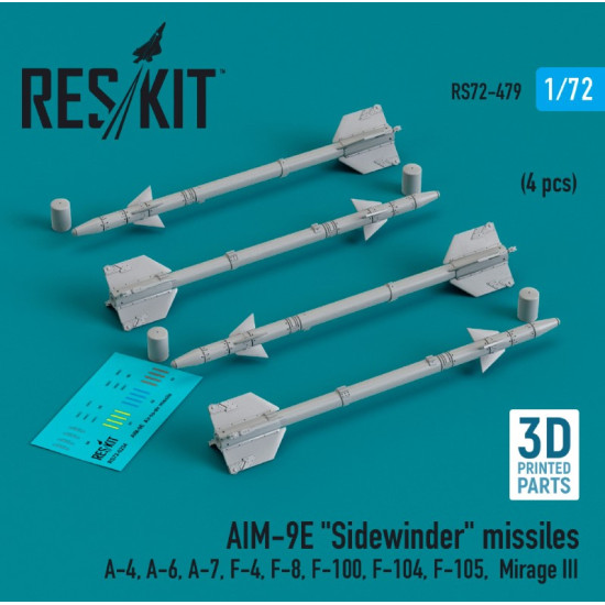 Reskit Rs72-0479 1/72 Aim 9e Sidewinder Missiles 4pcs A4 A6 A7 F4 F8 F100 F104 F105 Mirageiii 3d Printed