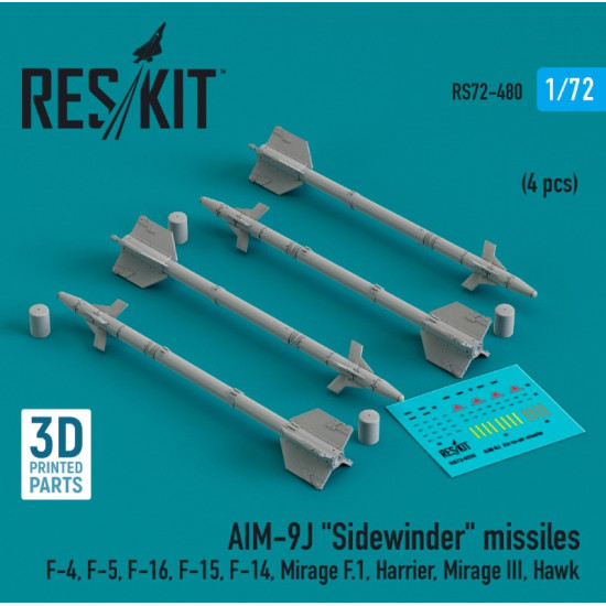 Reskit Rs72-0480 1/72 Aim 9j Sidewinder Missiles 4pcs F4 F5 F16 F15 F14 Mirage F.1 Harrier Mirageiii Hawk 3d Printed