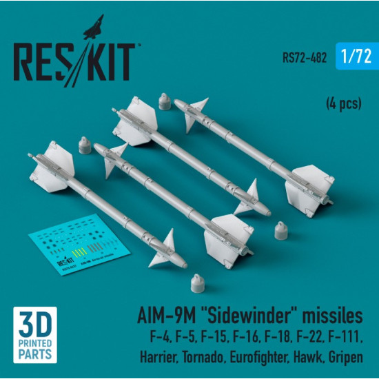 Reskit Rs72-0482 1/72 Aim 9m Sidewinder Missiles 4pcs F4 F5 F15 F16 F18 F22 F111 Harrier Tornado Eurofighter Hawk Gripen 3d Printed