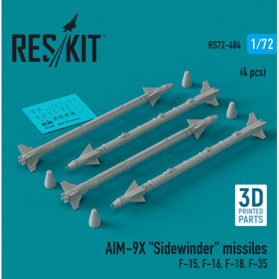 Reskit Rs72-0484 1/72 Aim 9x Sidewinder Missiles 4pcs F15 F16 F18 F35 3d Printed