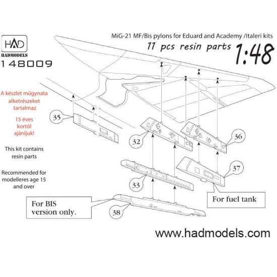 Hadmodels 148009 1/48 Mig-21 Mf/Bis Resin Pylon Set For Eduard, Academy, Italeri