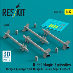 Reskit Rs32-0375 1/32 R.550 Magic 2 Missiles 4 Pcs Mirage F.1 Mirage 2000 Mirage Iii Rafale Super Etendard Mig 21 Jaguar 3d Printed