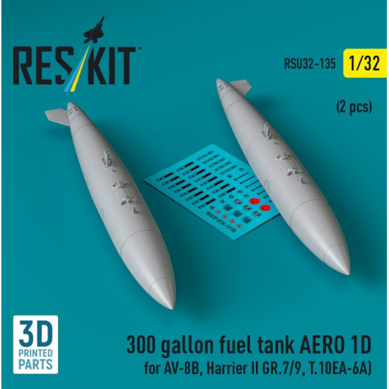 Reskit Rsu32-0135 1/32 300 Gallon Fuel Tank Aero 1d For Av 8b Harrier Ii Gr.7 9 T.10 2 Pcs 3d Printed