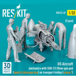 Reskit Rsf32-0049 1/32 Us Aircraft Mechanics With Suu 23 20mm Gun Pod Open Close Gun Bay On Transport Trolley Scene 1 3 Pcs 3d Printed