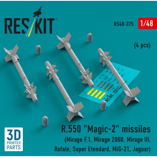 Reskit Rs48-0375 1/48 R.550 Magic2 Missiles 4 Pcs Mirage F.1 Mirage 2000 Mirage Iii Rafale Super Etendard Mig21 Jaguar 3d Printed