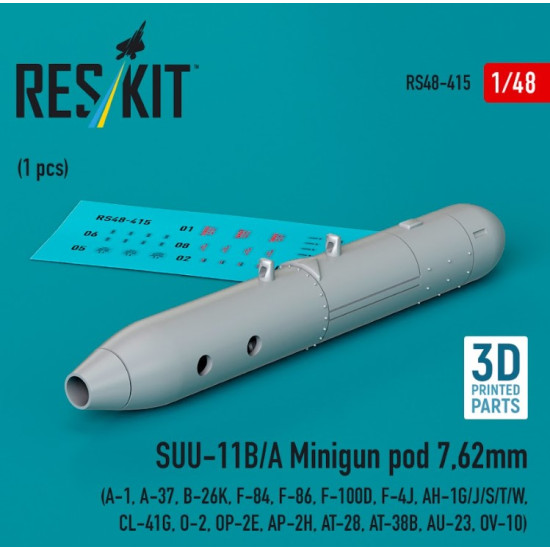 Reskit Rs48-0415 1/48 Suu11ba Minigun Pod 7.62mm 1 Pcs A1 A37 B26k F84 F86 F100d F4j Ah1gjst/W Cl41g O2 Op2e Ap2h At28 At38b Au23 Ov10 3d Printed