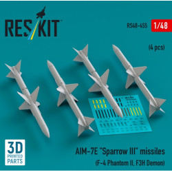 Reskit Rs48-0455 1/48 Aim 7e Sparrow Iii Missiles 4 Pcs F4 Phantom Ii F3h Demon 3d Printed