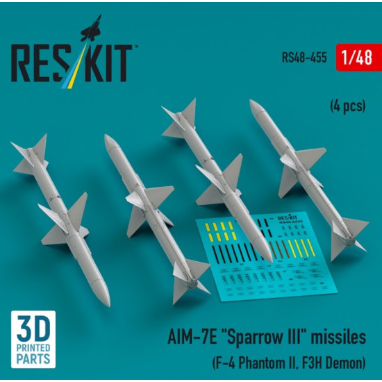 Reskit Rs48-0455 1/48 Aim 7e Sparrow Iii Missiles 4 Pcs F4 Phantom Ii F3h Demon 3d Printed