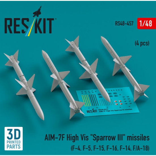 Reskit Rs48-0457 1/48 Aim 7f High Vis Sparrow Iii Missiles 4 Pcs F4 F5 F15 F16 F14 Fa 18 3d Printed