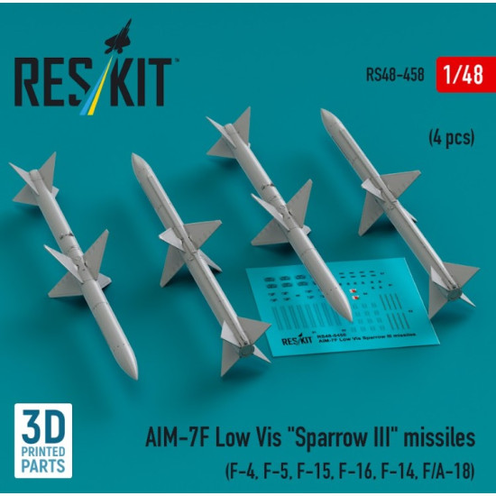 Reskit Rs48-0458 1/48 Aim 7f Low Vis Sparrow Iii Missiles 4 Pcs F4 F5 F15 F16 F14 F A 18 3d Printed