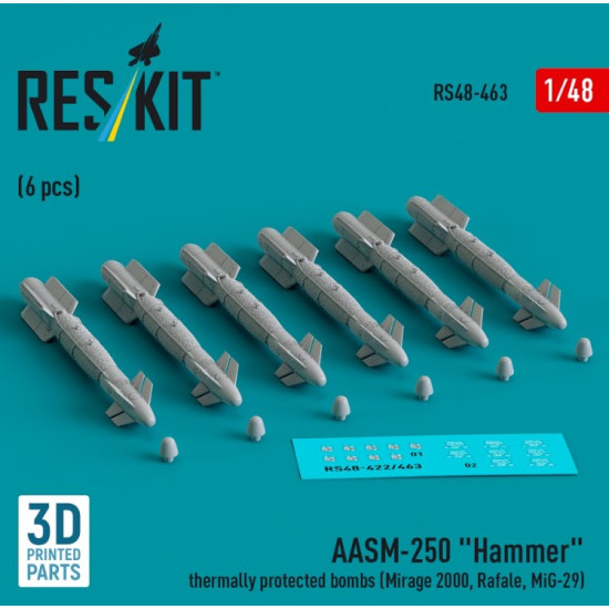 Reskit Rs48-0463 1/48 Aasm 250 Hammer Thermally Protected Bombs 6 Pcs Mirage 2000 Rafale Mig29 3d Printed