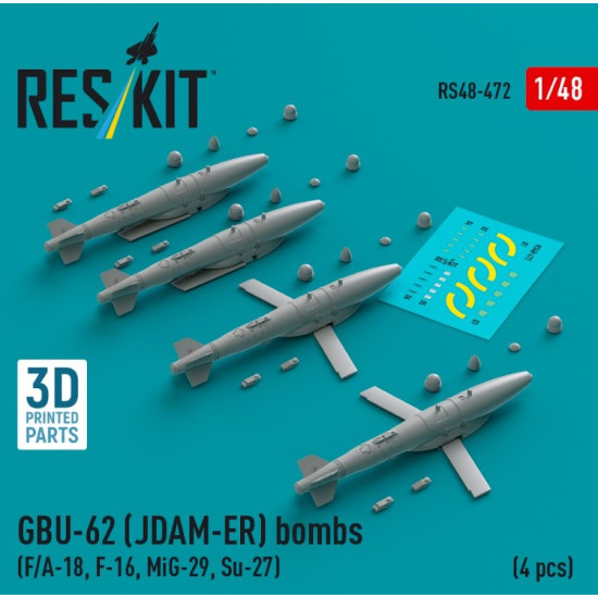 Reskit Rs48-0472 1/48 Gbu 62 Jdam Er Bombs 4 Pcs Fa18 F16 Mig29 Su27 3d Printed