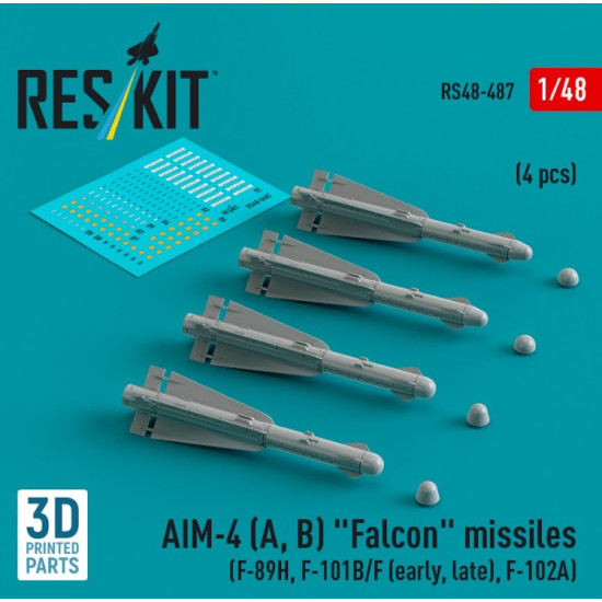 Reskit Rs48-0487 1/48 Aim4 A B Falcon Missiles 4 Pcs F 89h F 101bf Early Late F102a 3d Printed