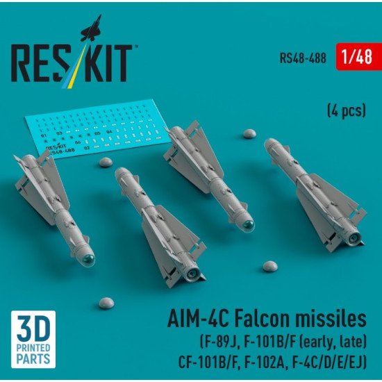 Reskit Rs48-0488 1/48 Aim 4c Falcon Missiles F89j F101bf Early Late Cf101bf F102a F4cdeej 4 Pcs 3d Printed