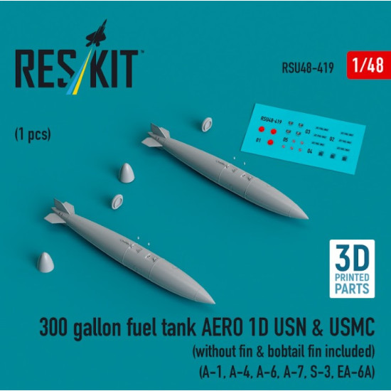 Reskit Rsu48-0419 1/48 300 Gallon Fuel Tank Aero 1d Usn Usmc Without Fin Bobtail Fin Included 2pcs A1 A4 A6 A7 S3 Ea 6a 3d Printed