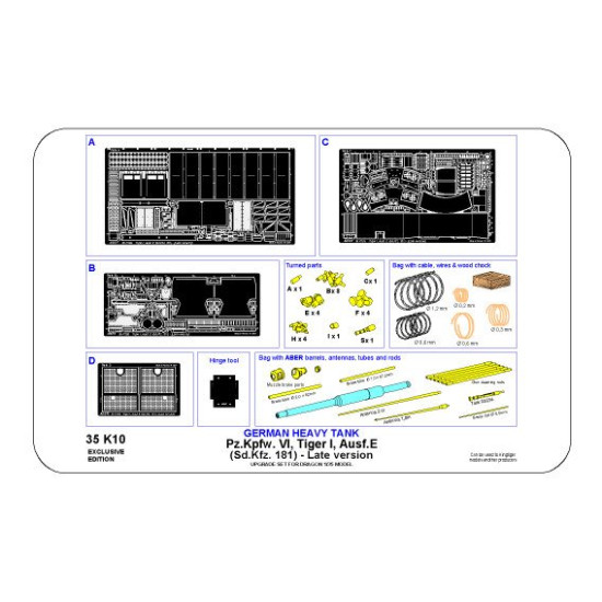 Photo-etched for Pz.Kpfw. VI Ausf.E (Sd.Kfz.181) Tiger I, late version, for Dragon 1/35 Aber 35-K10