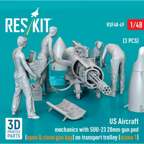 Reskit Rsf48-0049 1/48 Us Aircraft Mechanics With Suu 23 20mm Gun Pod Open Close Gun Bay On Transport Trolley Scene1 3pcs 3dprinted