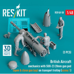 Reskit Rsf48-0050 1/48 British Aircraft Mechanics With Suu 23 20mm Gun Pod Open Close Gun Bay On On Transport Trolley Scene1 3pcs 3dprinted