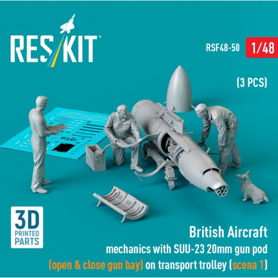 Reskit Rsf48-0050 1/48 British Aircraft Mechanics With Suu 23 20mm Gun Pod Open Close Gun Bay On On Transport Trolley Scene1 3pcs 3dprinted