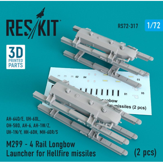 Reskit Rs72-0317 1/72 M299 - 4 Rail Longbow Launcher For Hellfire Missiles 2 Pcs Ah-64d/E Uh-60l Oh-58d Ah-6 Ah-1w/Z Uh-1n/Y Hh-60h Mh-60r/S