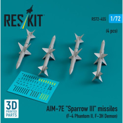 Reskit Rs72-0455 1/72 Aim-7e Sparrow 3 Missiles 4 Pcs F-4 Phantom 2 F-3h Demon 3d Printed