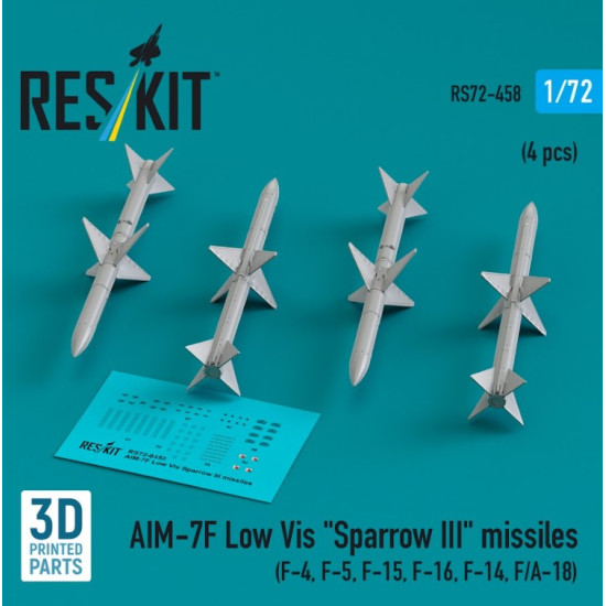 Reskit Rs72-0458 1/72 Aim-7f Low Vis Sparrow 3 Missiles 4 Pcs F-4 F-5 F-15 F-16 F-14 Fa-18 3d Printed