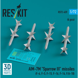 Reskit Rs72-0459 1/72 Aim-7m Sparrow 3 Missiles 4 Pcs F-4 F-5 F-15 F-16 F-14 Fa-18 3d Printed