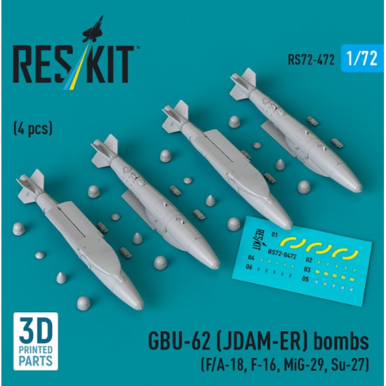 Reskit Rs72-0472 1/72 Gbu-62 Jdam-er Bombs 4 Pcs F/A-18 F-16 Mig-29 Su-27 3d Printed