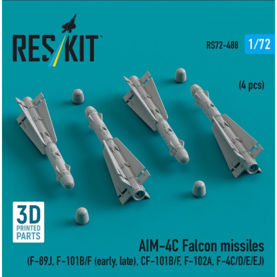 Reskit Rs72-0488 1/72 Aim-4c Falcon Missiles F-89j F-101b/F Early Late Cf-101b/F F-102a F-4c/D/E/Ej 4 Pcs 3d Printed