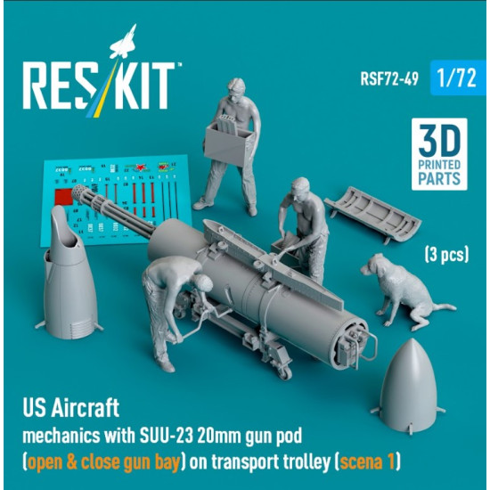 Reskit Rsf72-0049 1/72 Us Aircraft Mechanics With Suu-23 20mm Gun Pod Open Close Gun Bay On Transport Trolley Scene 1 3 Pcs 3d Printed