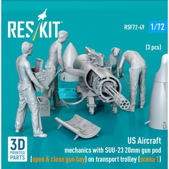 Reskit Rsf72-0049 1/72 Us Aircraft Mechanics With Suu-23 20mm Gun Pod Open Close Gun Bay On Transport Trolley Scene 1 3 Pcs 3d Printed