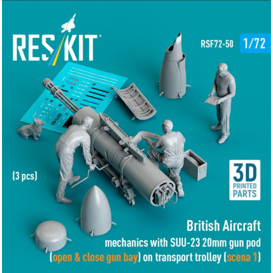 Reskit Rsf72-0050 1/72 British Aircraft Mechanics With Suu-23 20mm Gun Pod Open Close Gun Bay On Transport Trolley Scene 1 3 Pcs 3d Printed