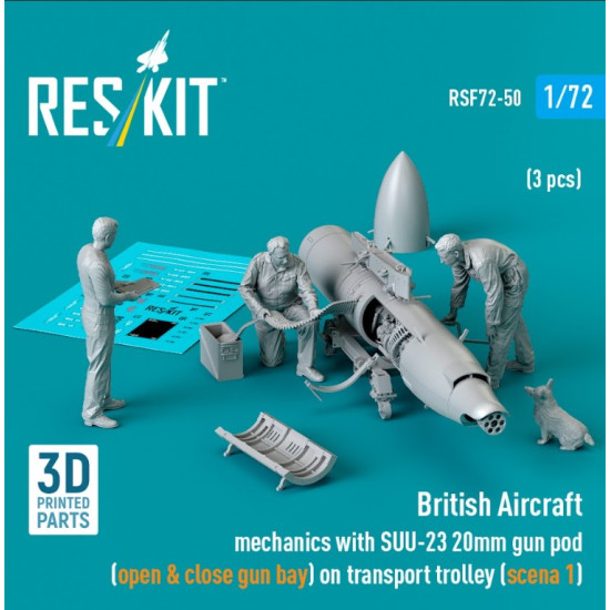 Reskit Rsf72-0050 1/72 British Aircraft Mechanics With Suu-23 20mm Gun Pod Open Close Gun Bay On Transport Trolley Scene 1 3 Pcs 3d Printed