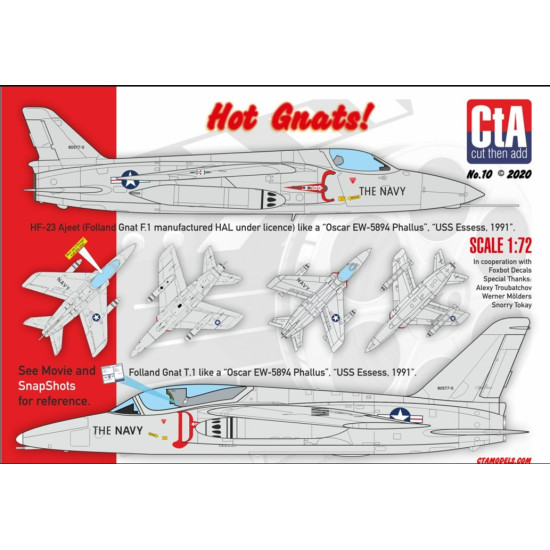 Cta Models 009 1/72 Decal Hot Gnats Folland Gnat T.1 And Hal Hf-23 Ajeet From Hotshots