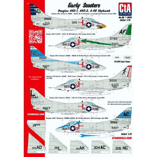 Cta Models 026 1/72 Decal Early Scooters Douglas A4d-1 A4d-2 A-4b Skyhawk 11 Markings