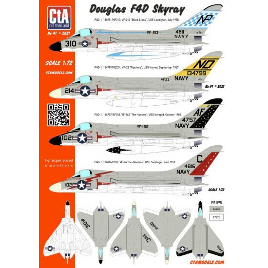 Cta Models 041 1/72 Decal Douglas F4d Skyray 4 Marking Options Vf-23, Vf-74, Vf-162, Vf-213