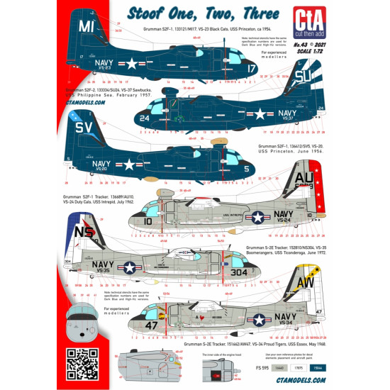 Cta Models 043 1/72 Decal Stoof One, Two, Three Grumman S-2 Tracker, Dark Blue And Hi-viz, Usn