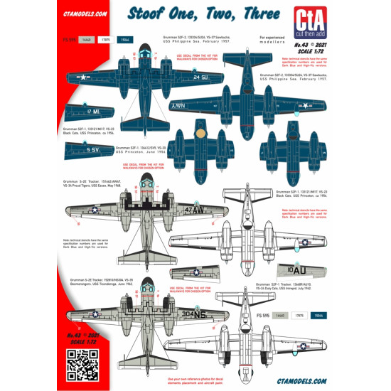 Cta Models 043 1/72 Decal Stoof One, Two, Three Grumman S-2 Tracker, Dark Blue And Hi-viz, Usn