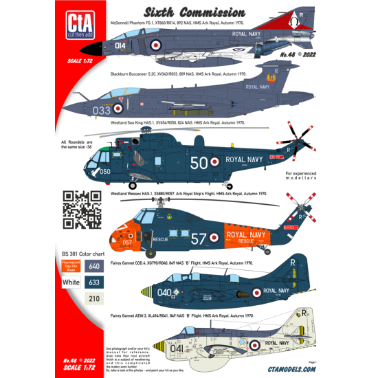 Cta Models 048 1/72 Decal Sixth Comission Hms Ark Royal Air Group, Phantom, Buccaneer, Sea King, Wessex, Gannet