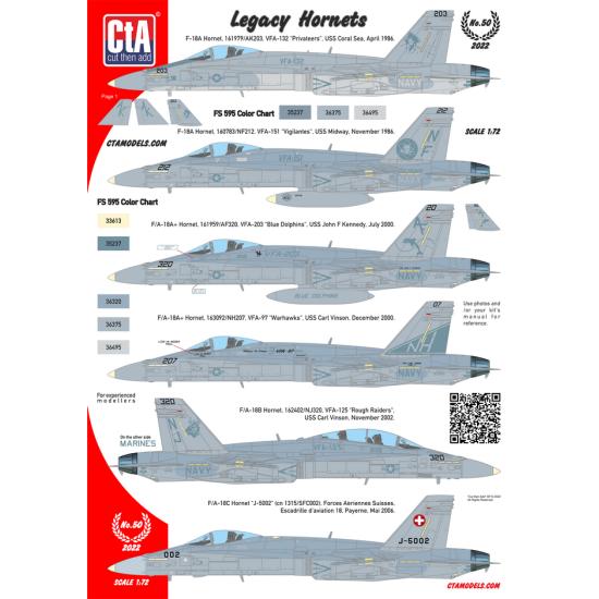 Cta Models 050 1/72 1/72 Legacy Hornets F-18a, F-18a F/A-18b, F/A-18c, F/A-18d Usn/Usmc Swiss Af