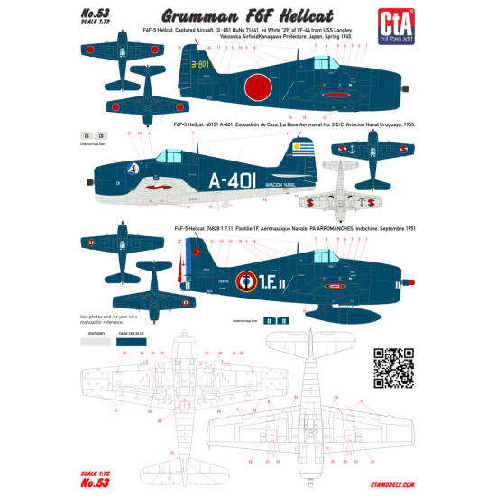 Cta Models 053 1/72 Decal Grumman F6f Hellcat Usn, Faa, Japan, Aeronavale, Uruguay