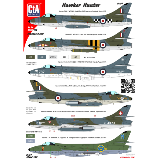 Cta Models 054 1/72 Decal Hawker Hunter Raf, Faa, Swiss, Sweden, 6 Markings