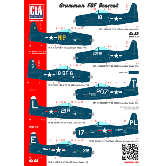 Cta Models 058 1/72 Decal Grumman F8f Bearcat All Types Of This Aircraft, Usn