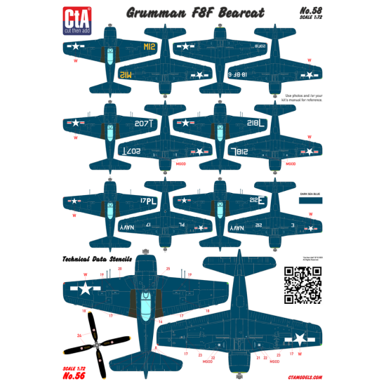 Cta Models 058 1/72 Decal Grumman F8f Bearcat All Types Of This Aircraft, Usn