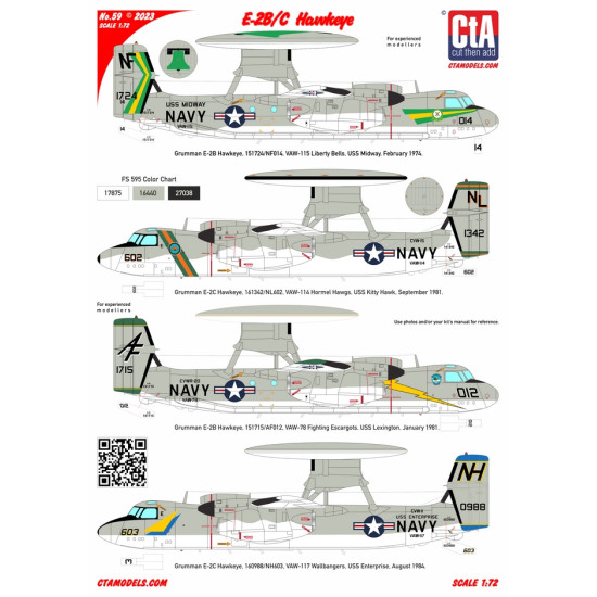 Cta Models 059 1/72 Decal E-2b/C Hawkeye 4 Markings Vaw-115, Vaw-114, Vaw-78, Vaw-117