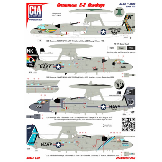 Cta Models 060 1/72 Decal Grumman E-2 Hawkeye All Version Except A Vaw-115, Vaw-113, Vaw-120, Vaw-126